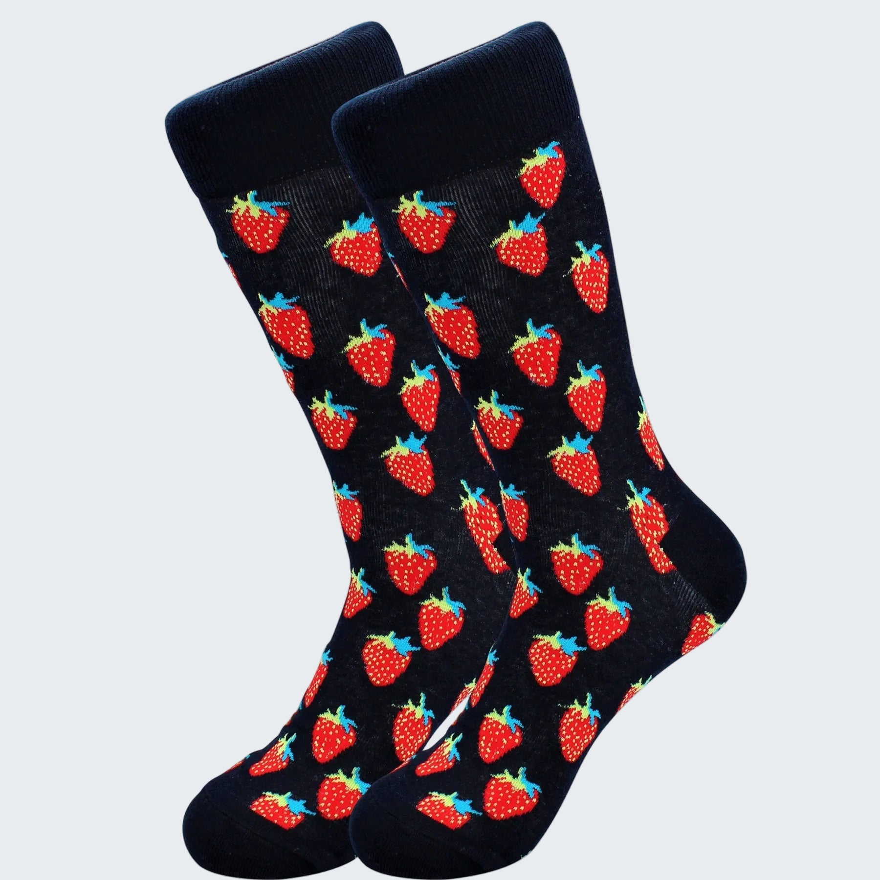 Black socks with red strawberry pattern on a white background