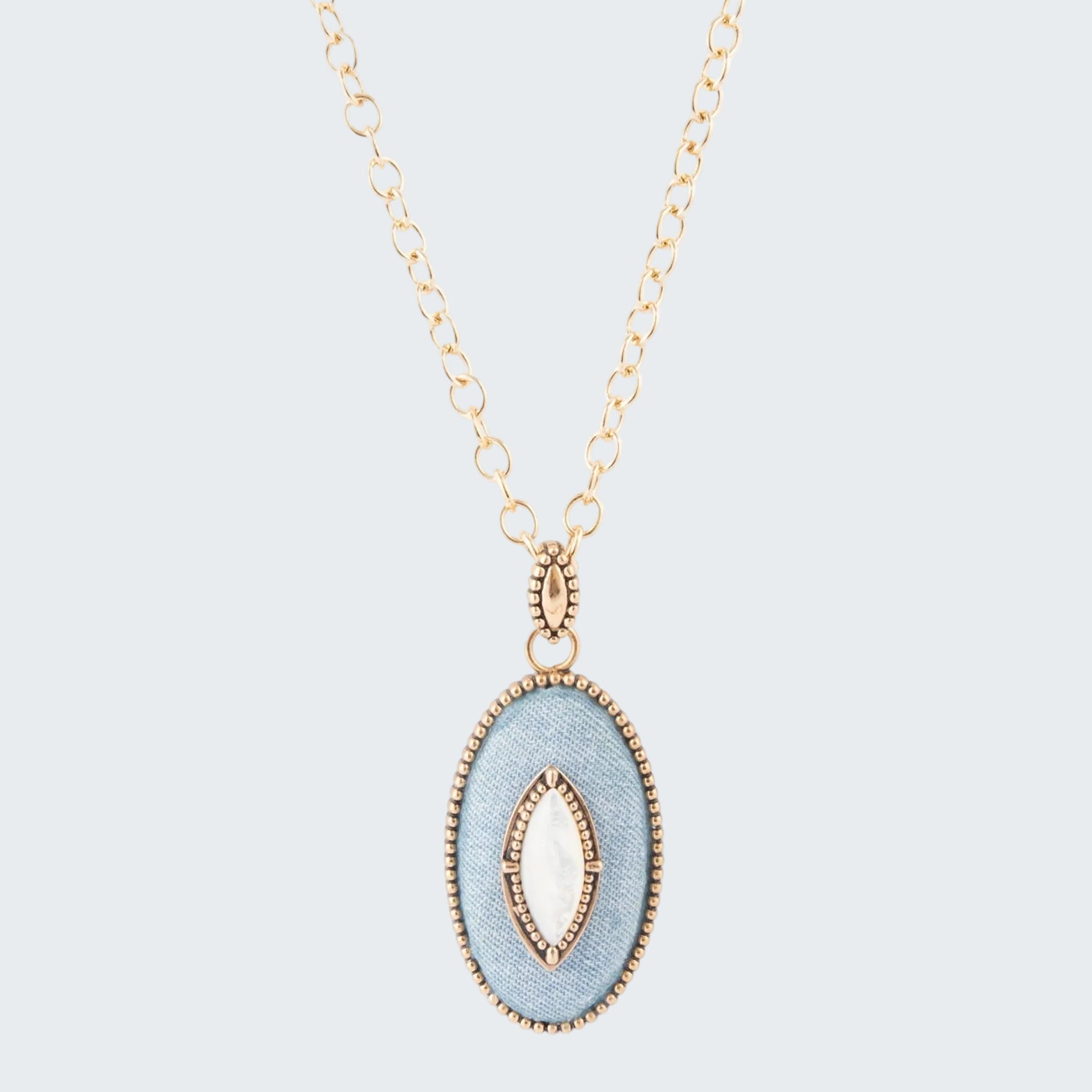 Necklace with a light blue pendant on a white background