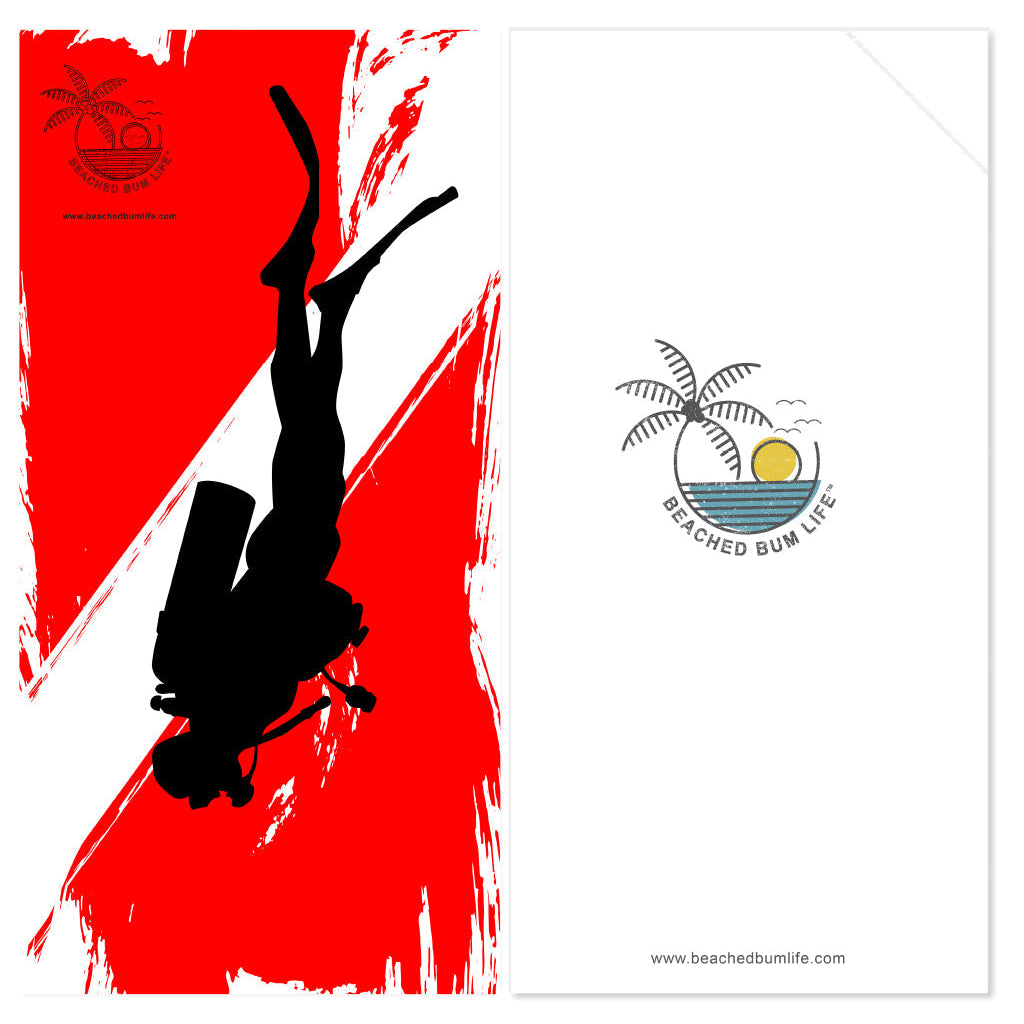 Diver silhouette against a red background with 'Beached Bum Life' logo.