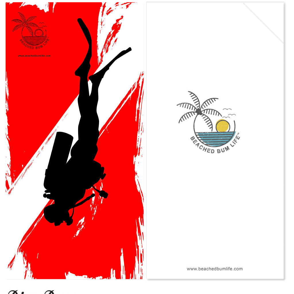 Diver silhouette against a red background with 'Beached Bum Life' logo.