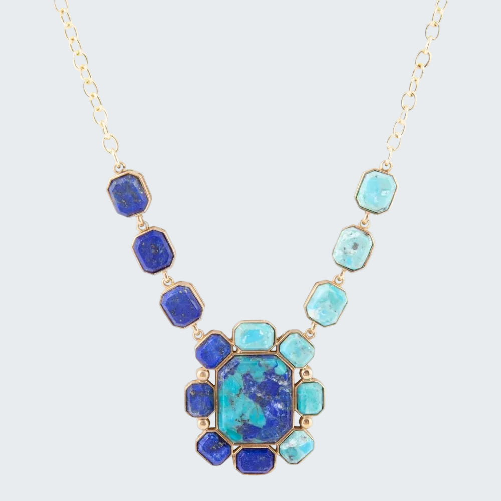 Necklace with blue and turquoise stone pendant on a white background