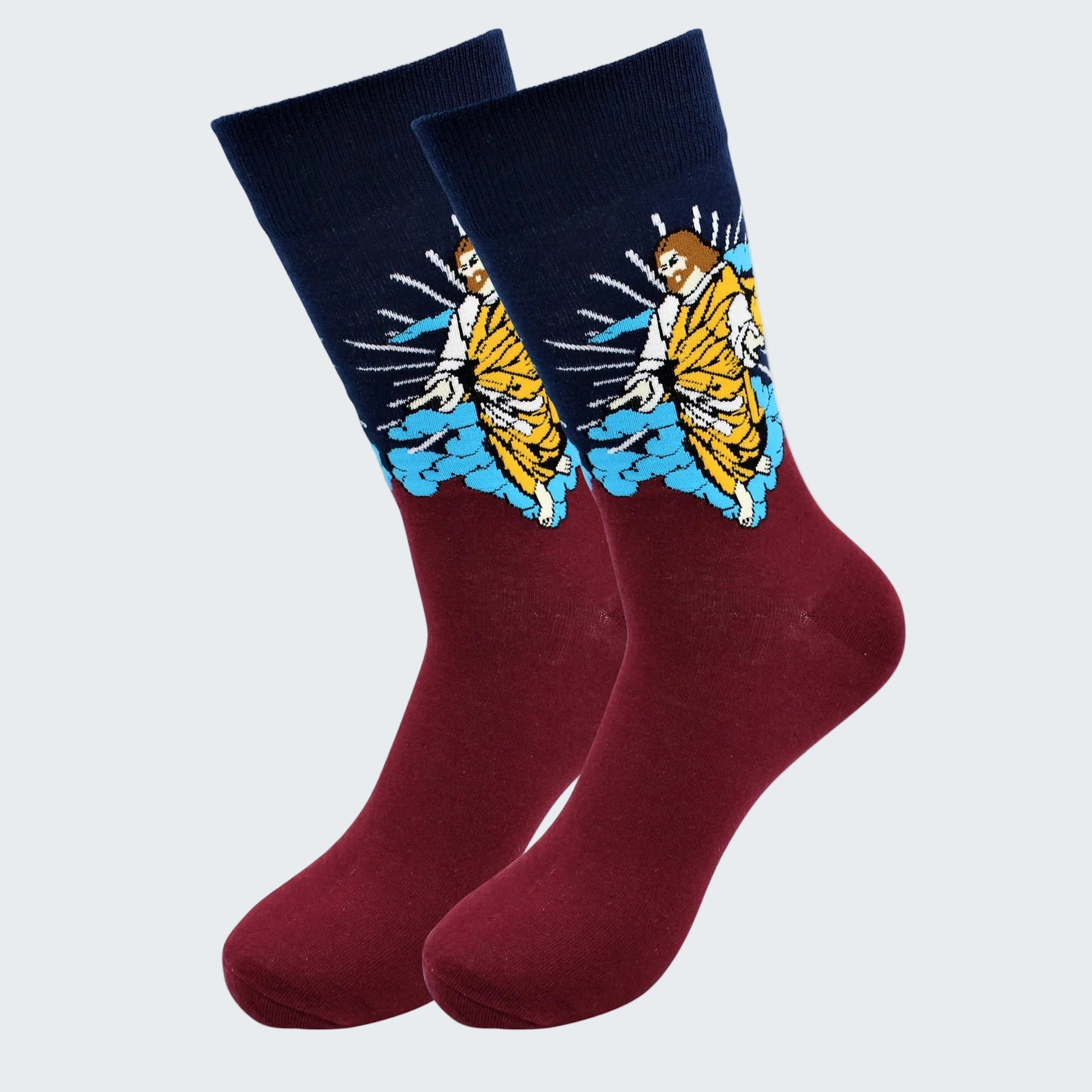 Maroon socks with a graphic design of a person holding a tiger on a white background