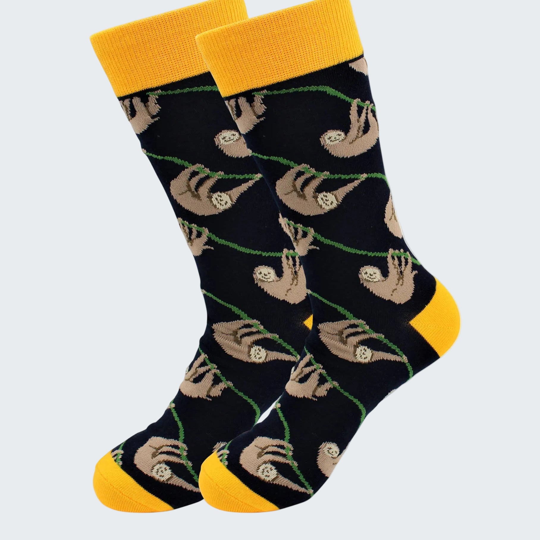 Socks with sloth pattern on a black background with yellow accents