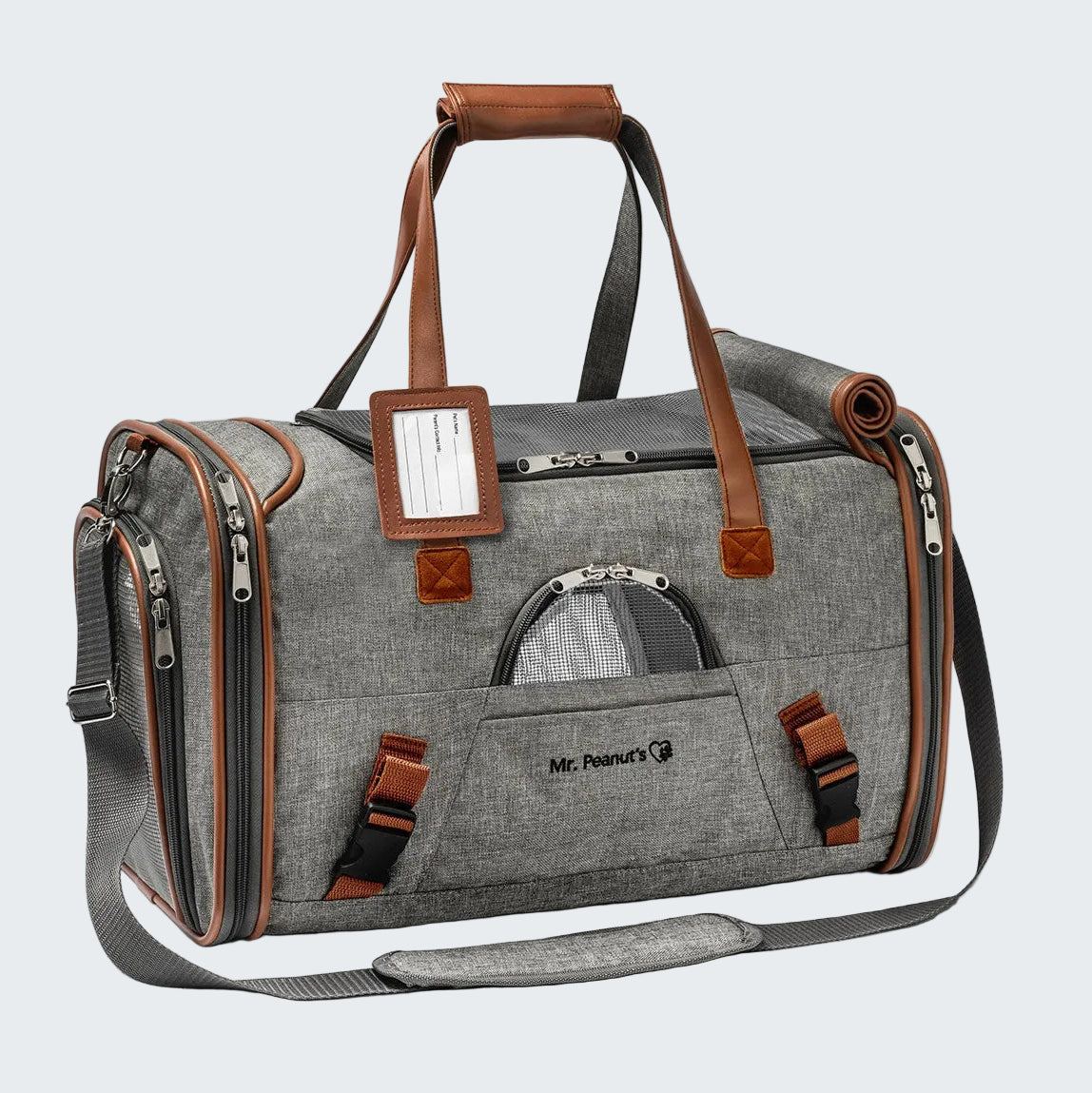 Gray pet carrier with brown straps and a visible brand logo on a white background