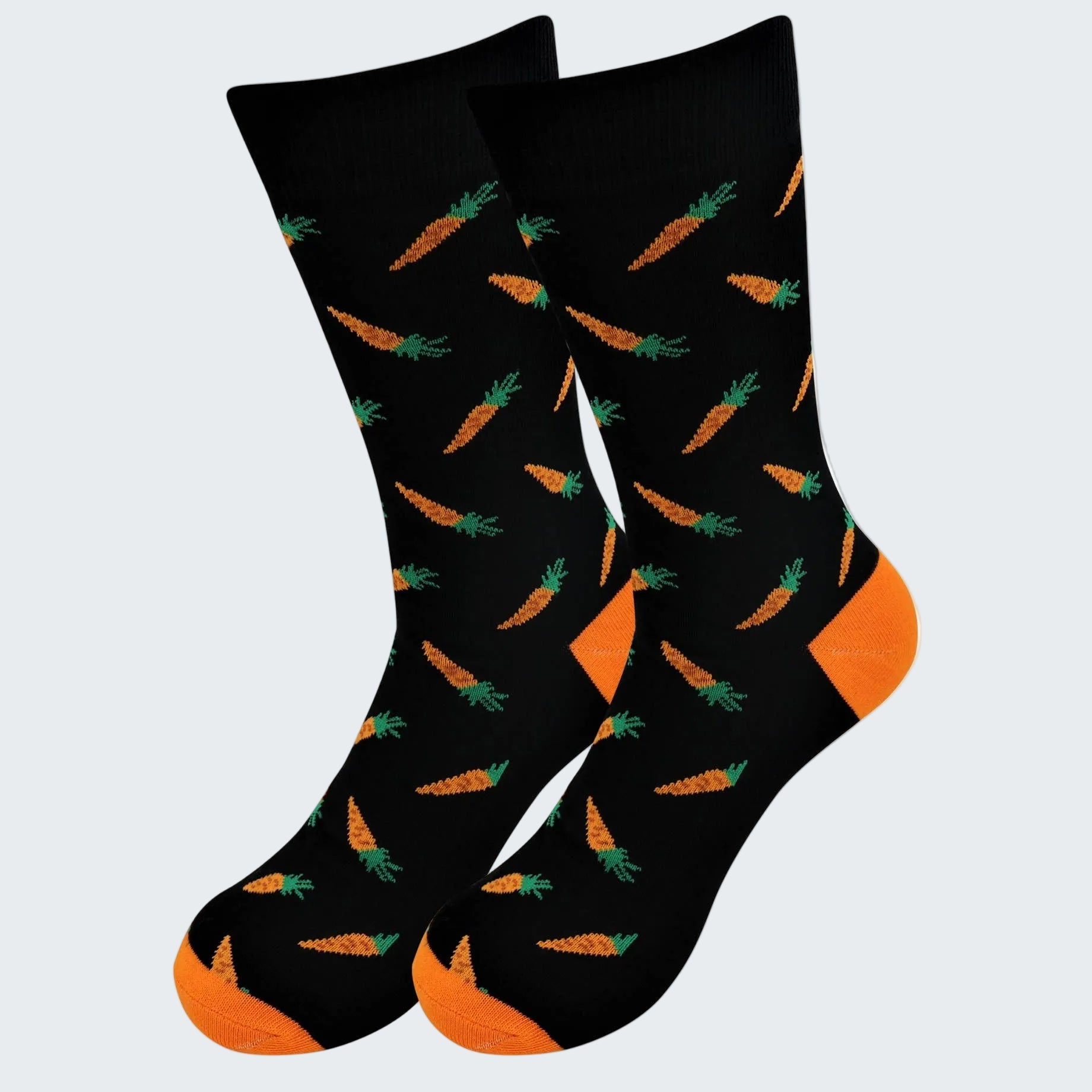 Black socks with carrot pattern on a white background