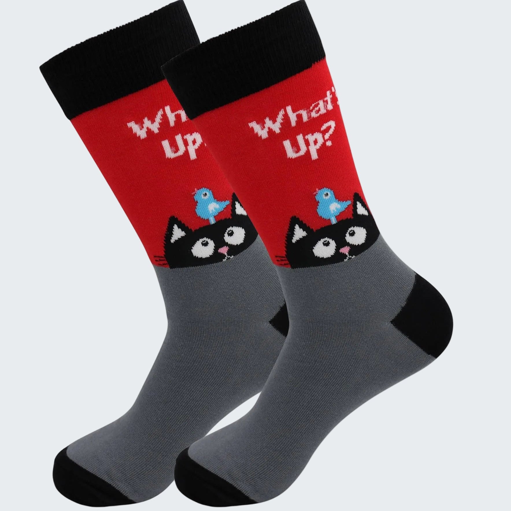 Two socks with a cat design and 'What up?' text on a white background
