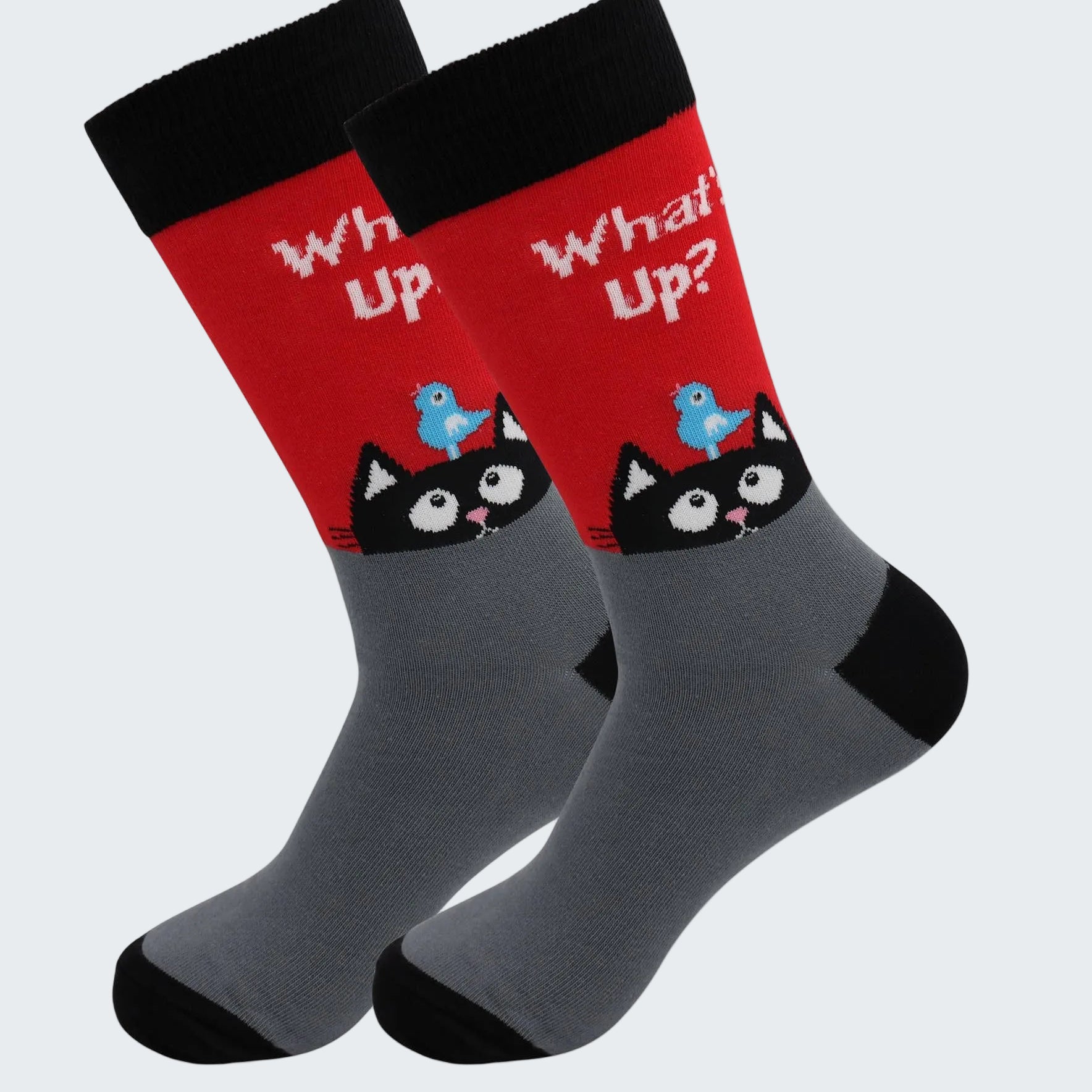 Two socks with a cat design and 'What up?' text on a white background