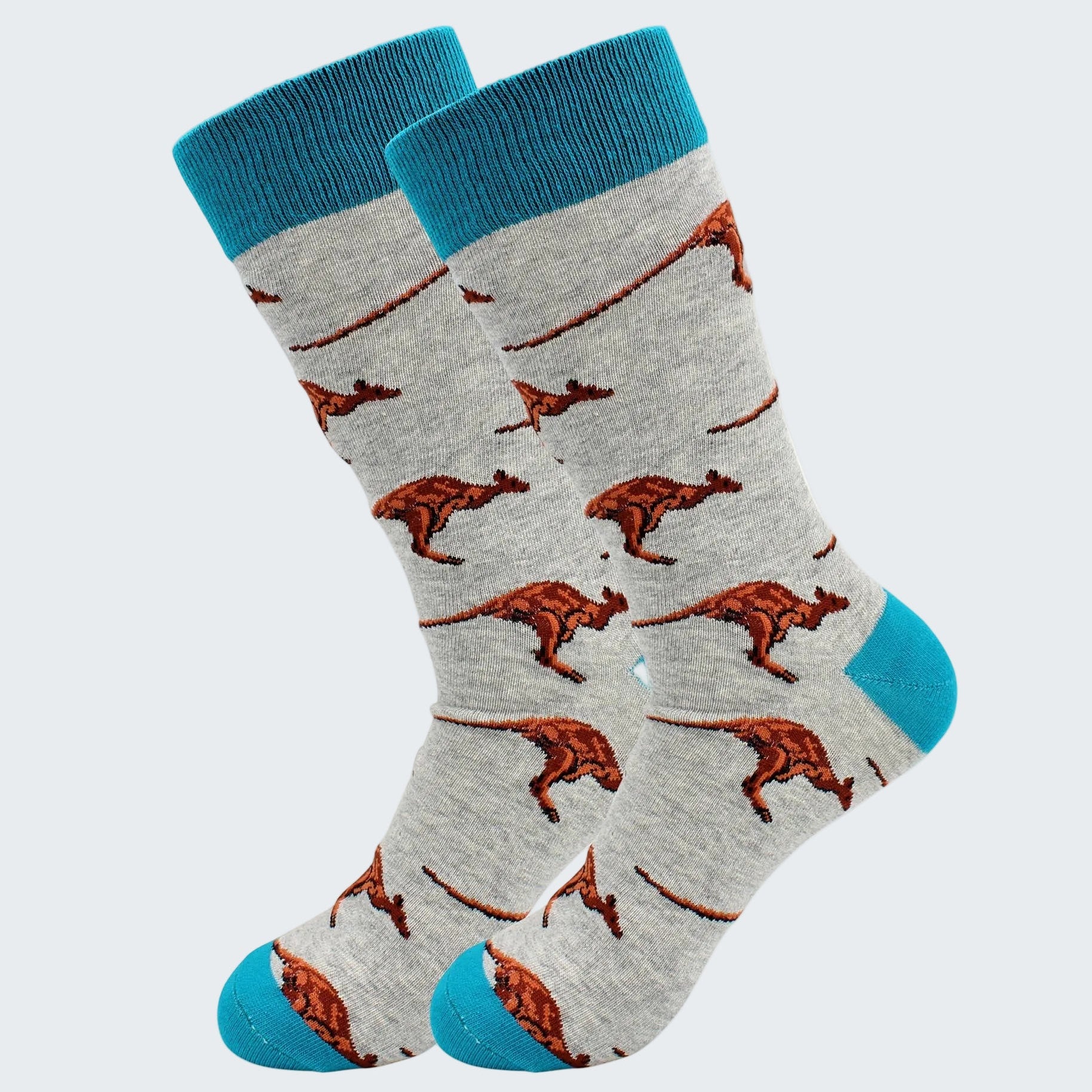 Gray socks with brown kangaroo pattern and blue accents on a white background