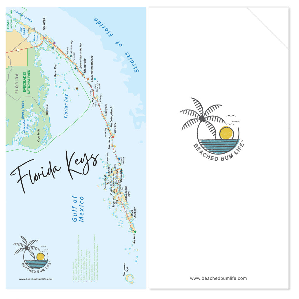 Map of the Florida Keys with 'Beached Bum Life' logo on a white background