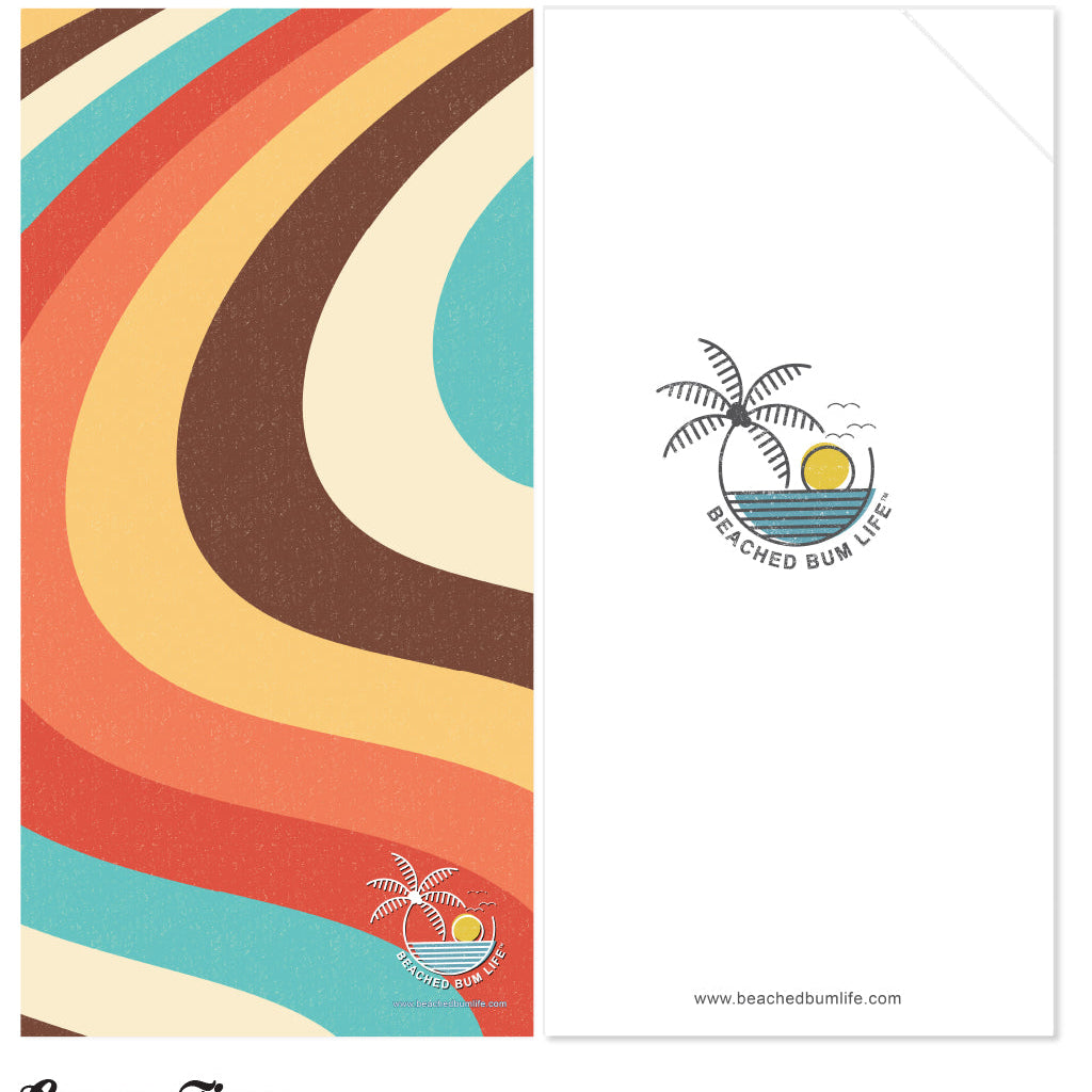 Colorful retro-style design with 'Beached Bum Life' logo on a white background