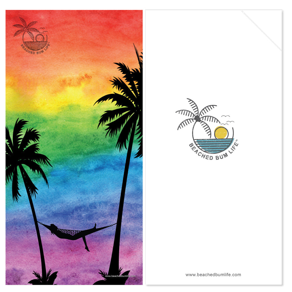 Colorful watercolor design with palm trees and a hammock, featuring 'Beached Bum Life' branding.