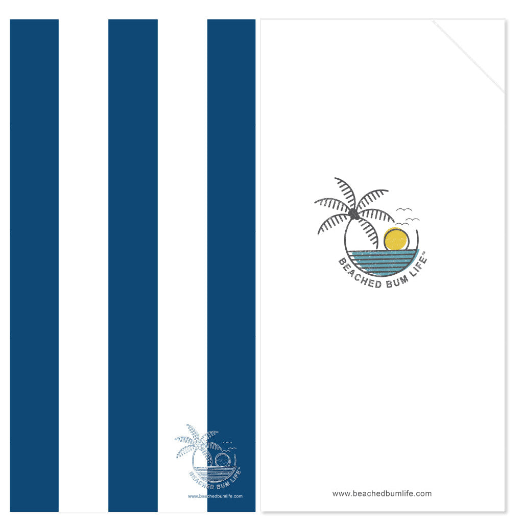 Design with blue and white stripes and a palm tree logo on a white background