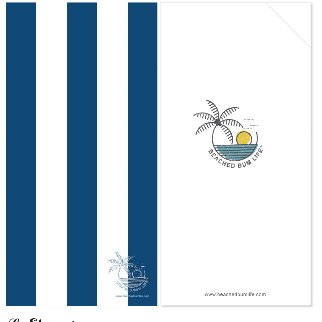 Design with blue and white stripes and a palm tree logo on a white background
