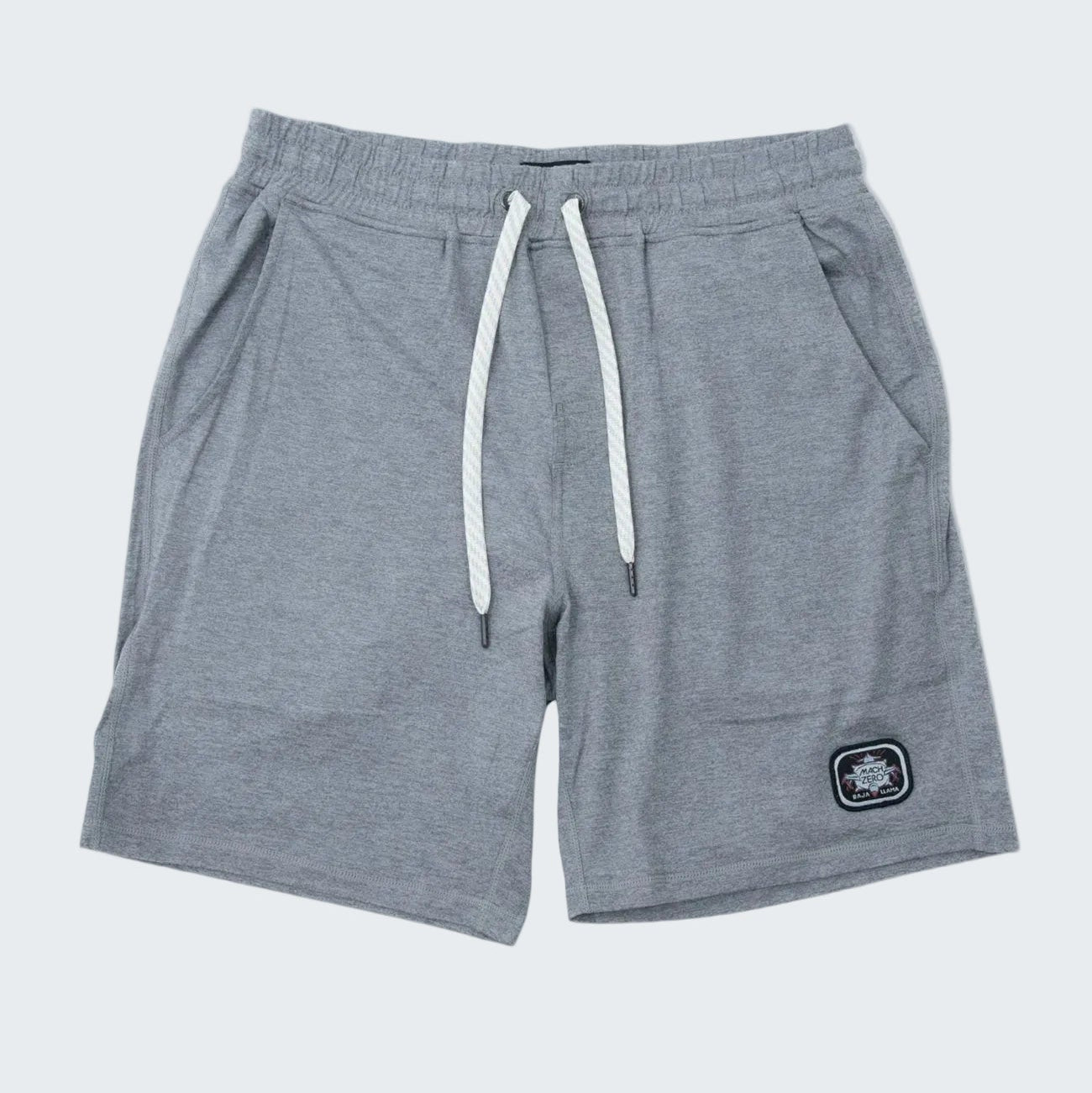 Gray shorts with a drawstring on a white background