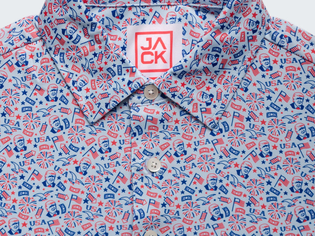 Patterned shirt with a visible brand logo on a white background