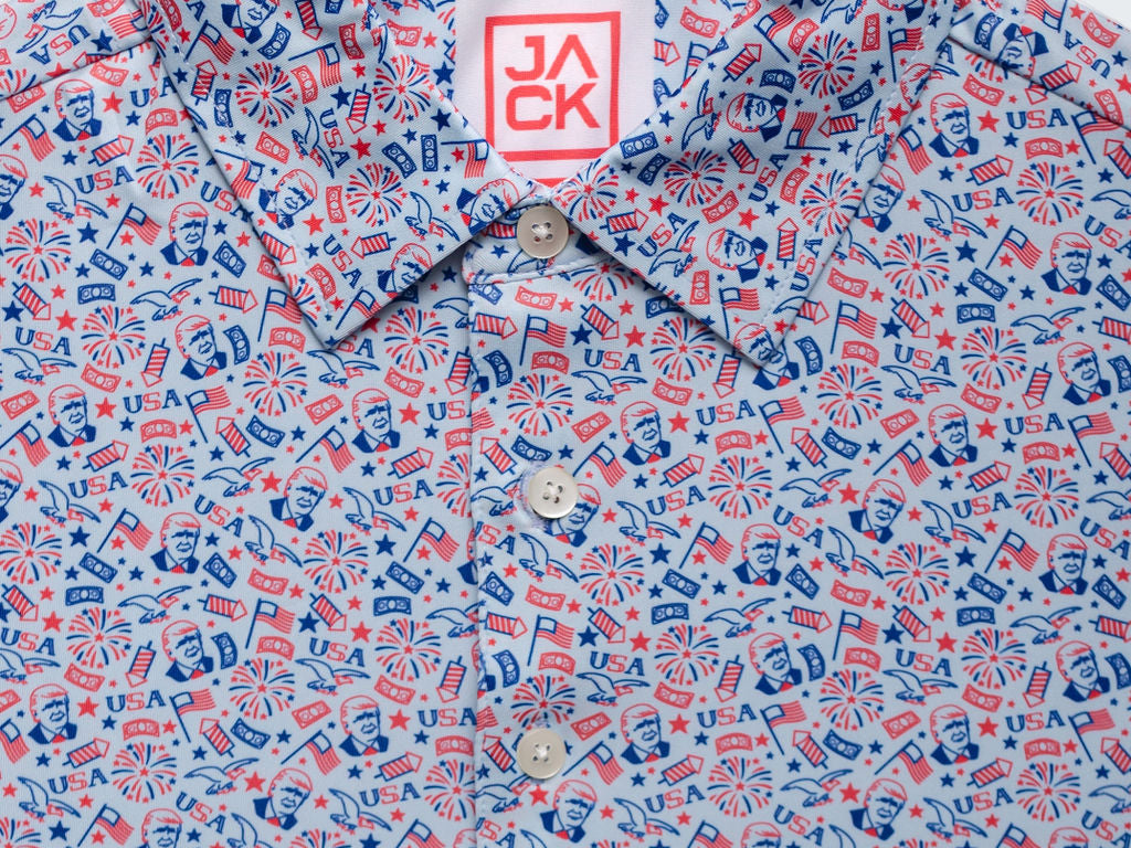 Patterned shirt with a visible brand logo on a white background