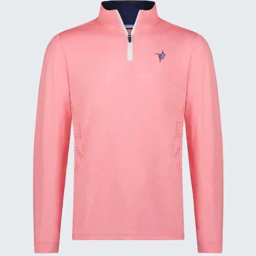Pink long-sleeve shirt with a small logo on a white background