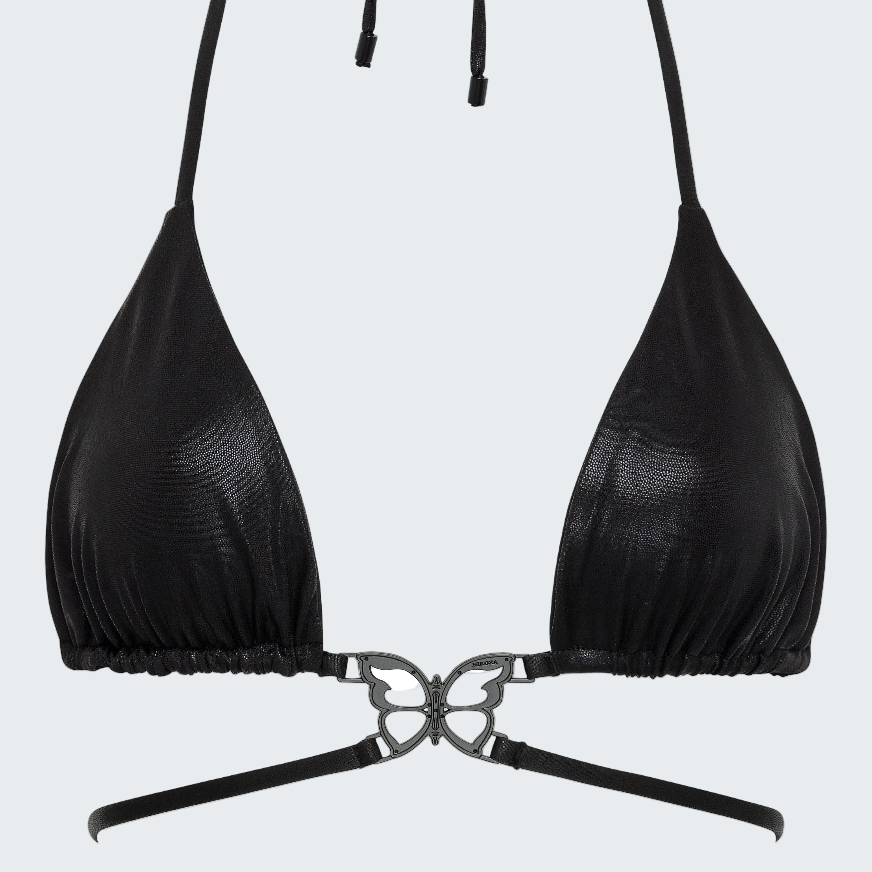 Black bikini top with a unique design on a white background