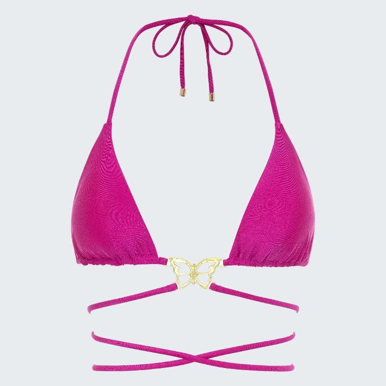 Pink bikini top with gold butterfly detail on a white background