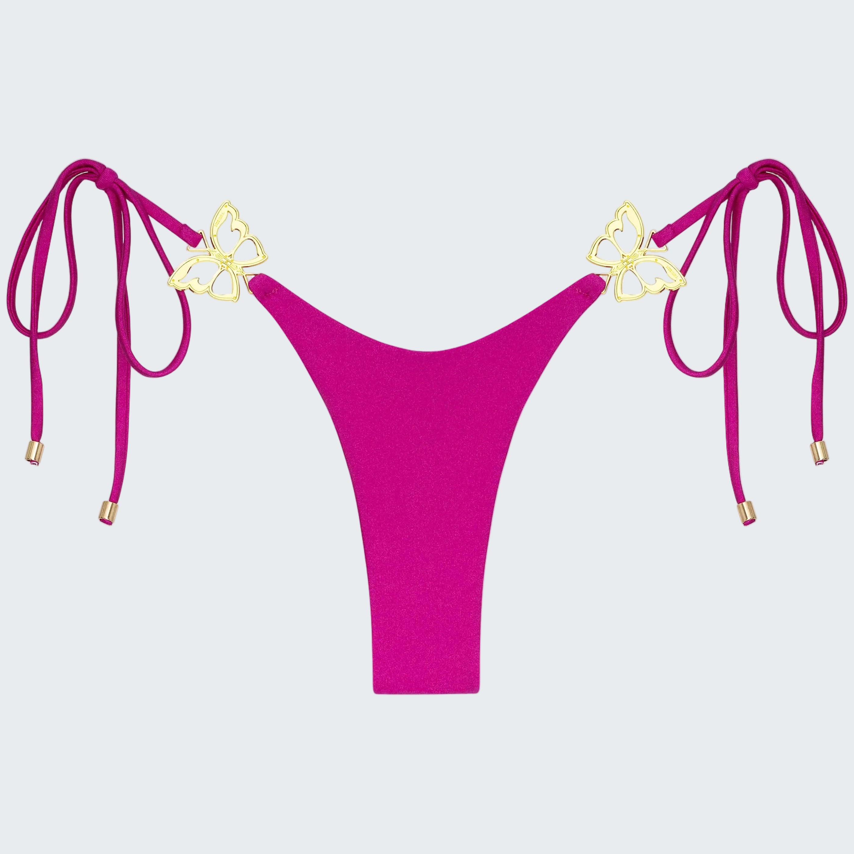 Pink bikini bottom with gold butterfly accents on a white background