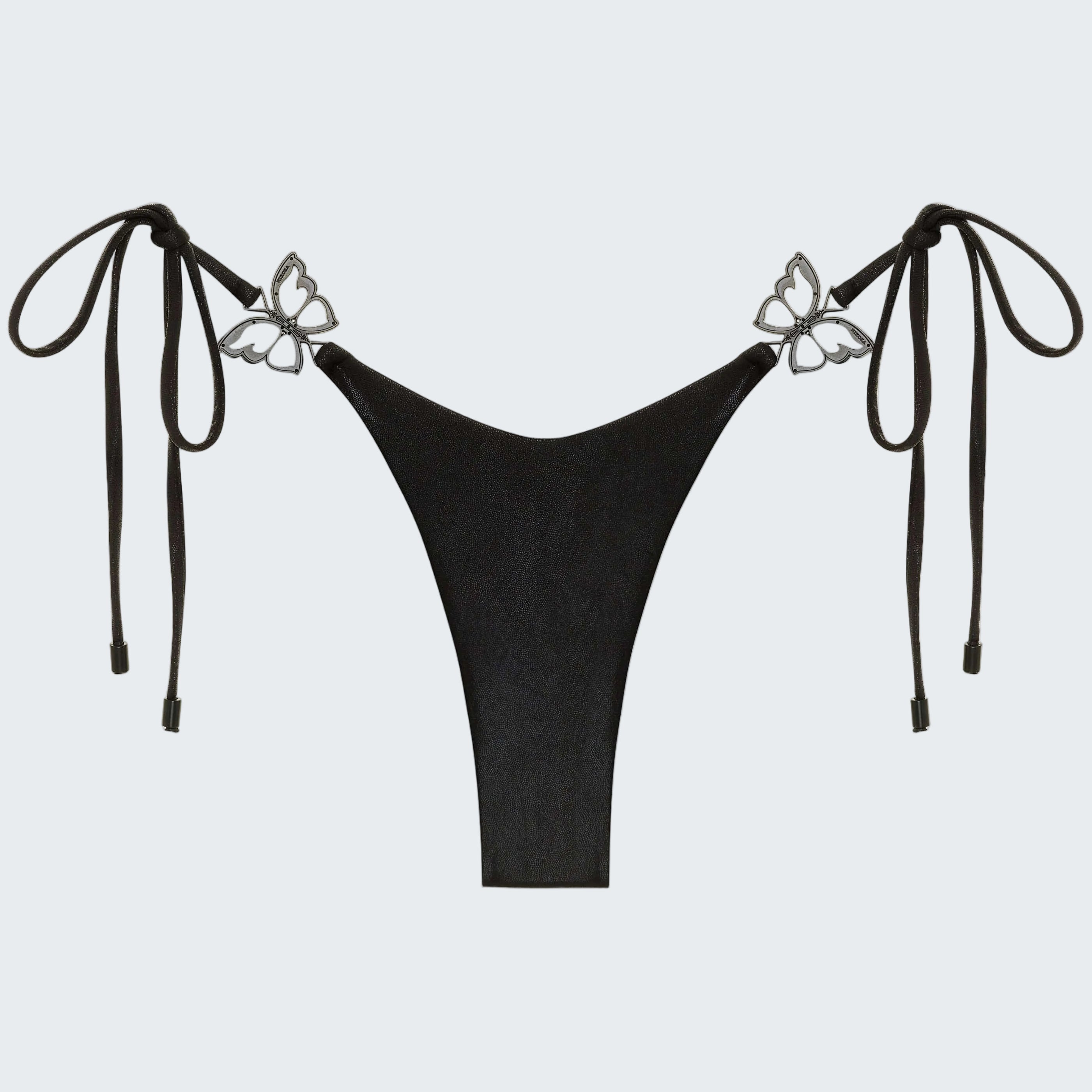 Black bikini top with butterfly details on a white background