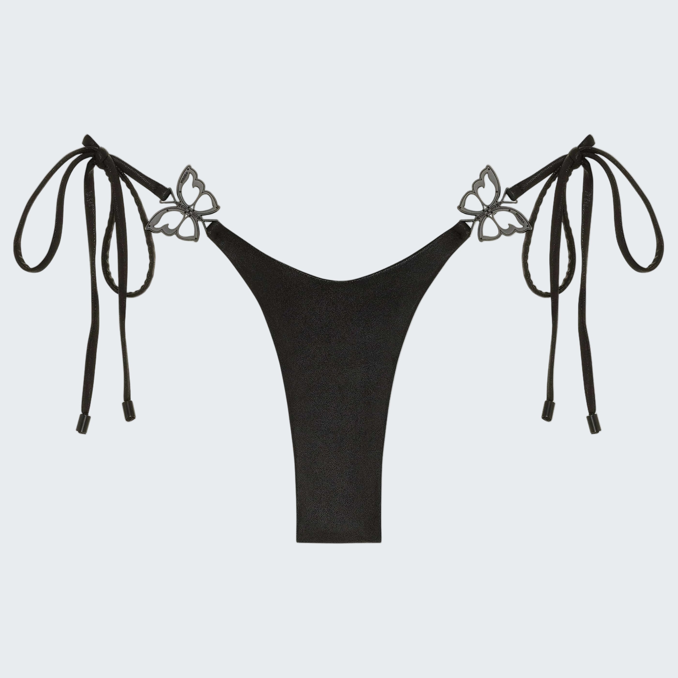 Black bikini top with butterfly details on a white background