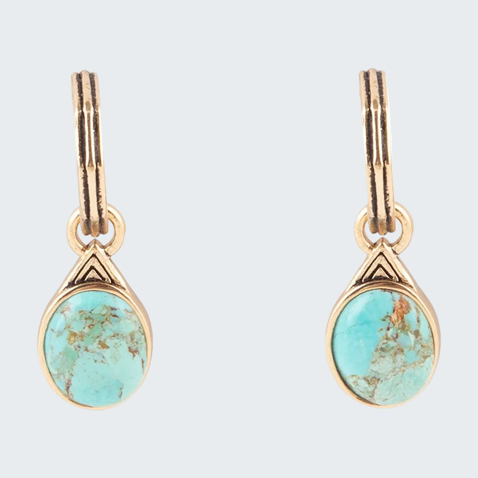 Gold earrings with turquoise stones on a white background