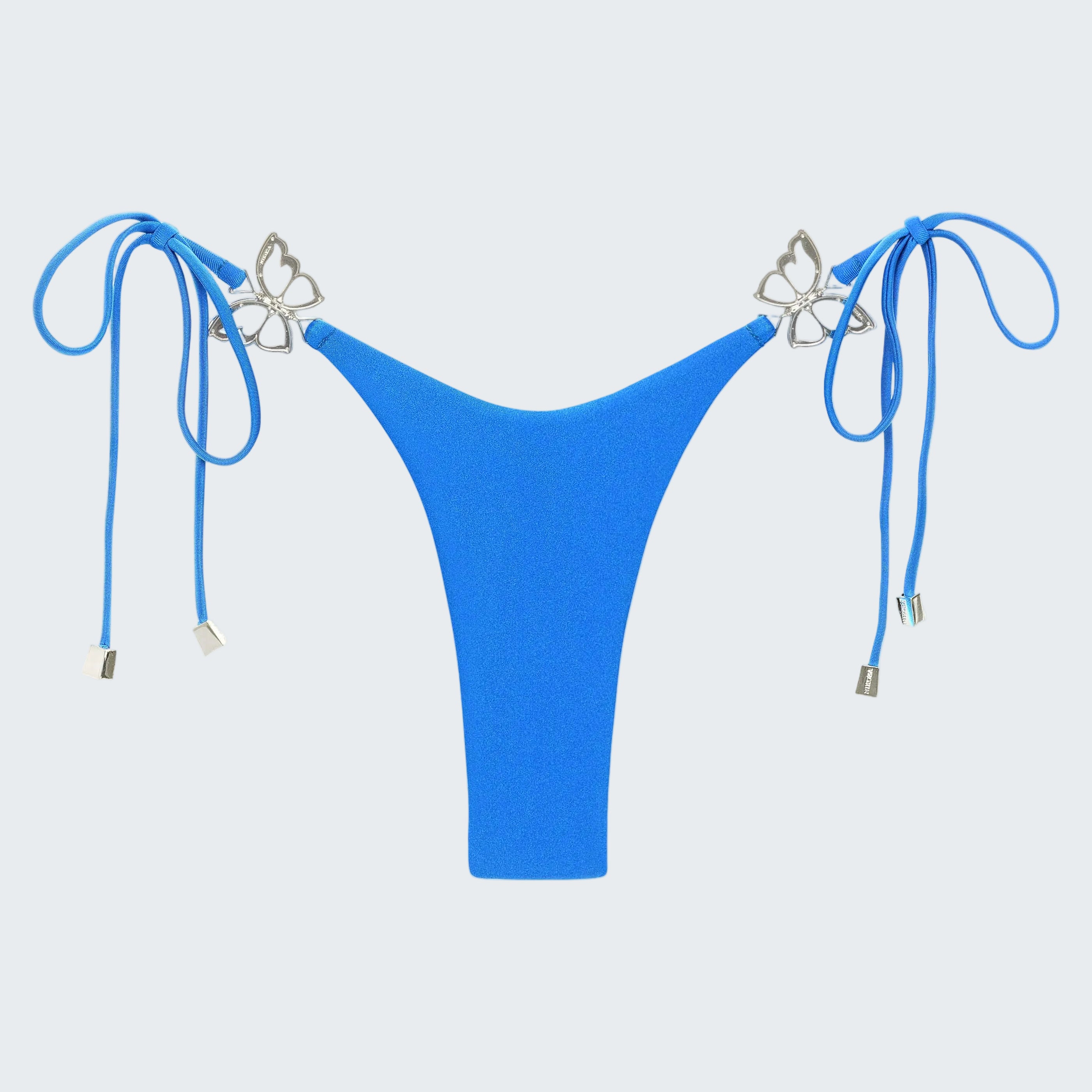 Blue bikini bottom with string ties on a white background