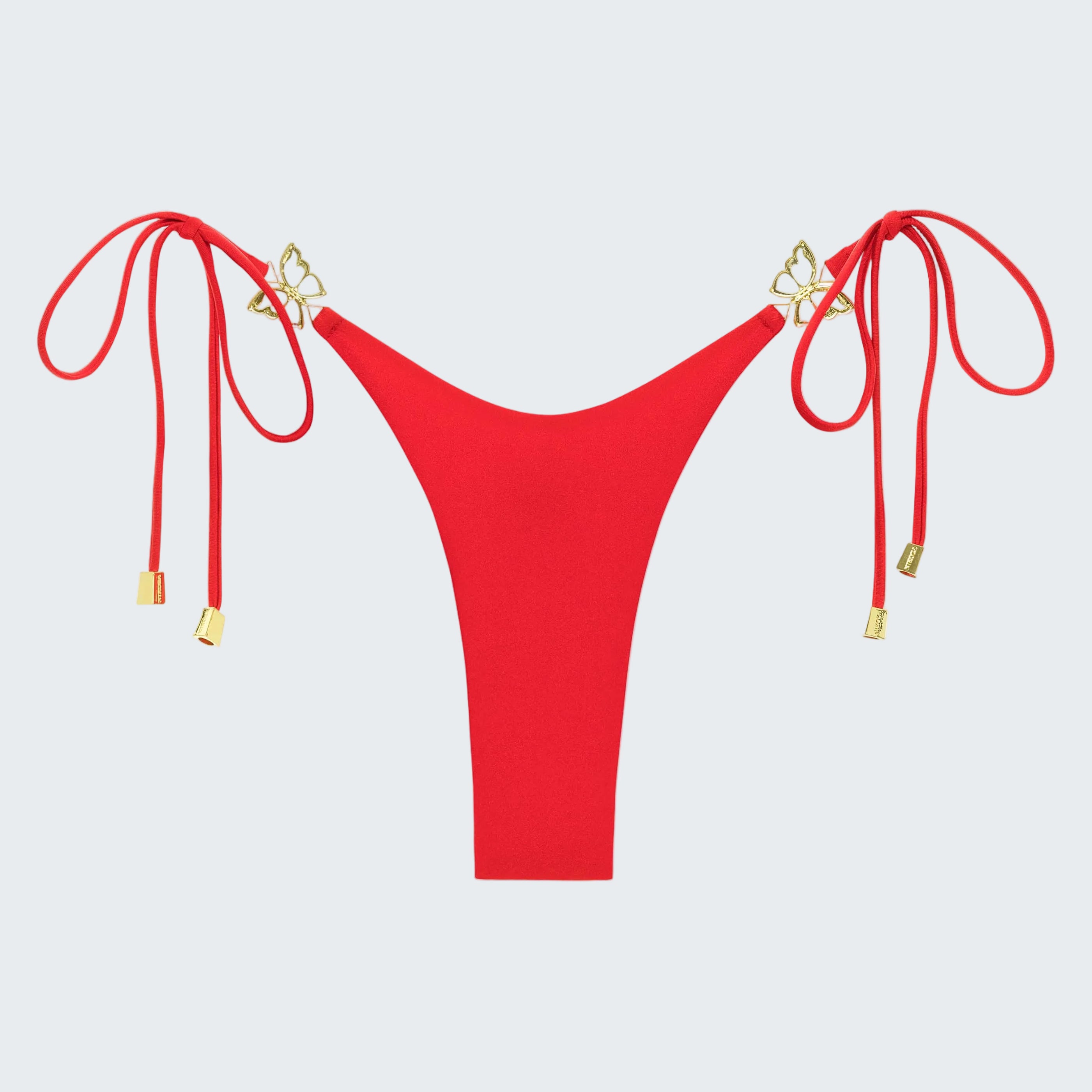 Red bikini bottom with tie sides on a white background