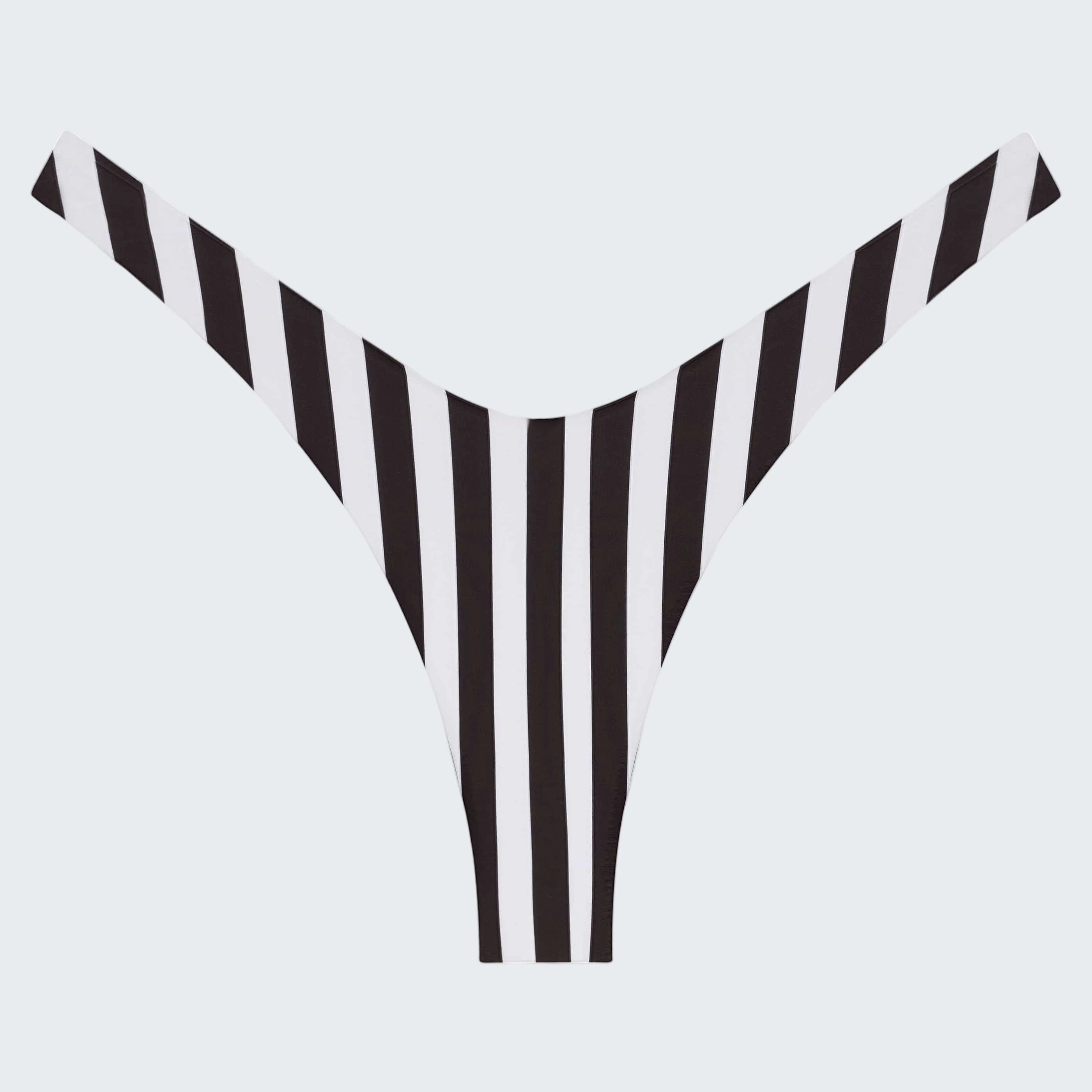 Black and white striped bikini bottom on a white background