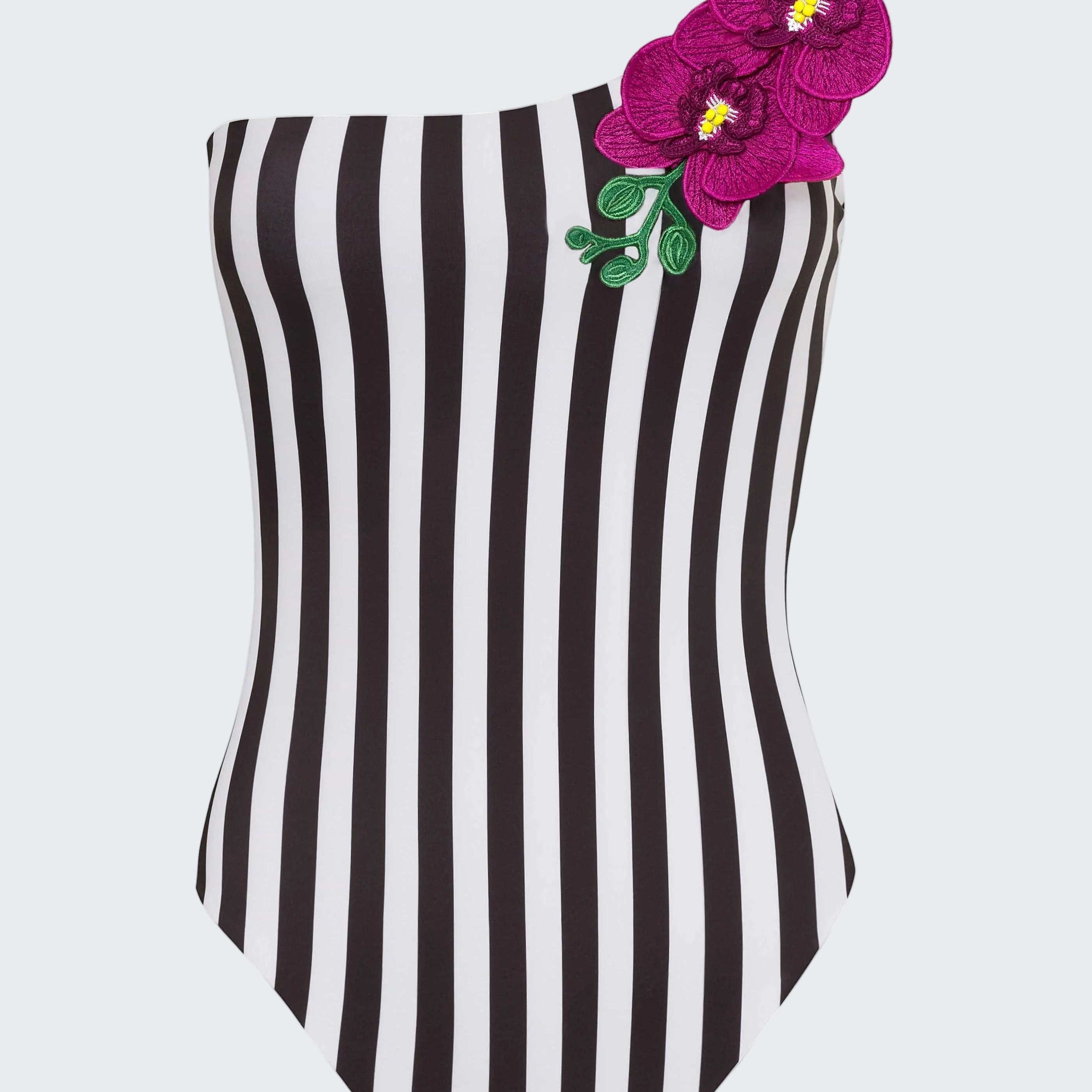 Black and white striped swimsuit with pink flowers on a white background