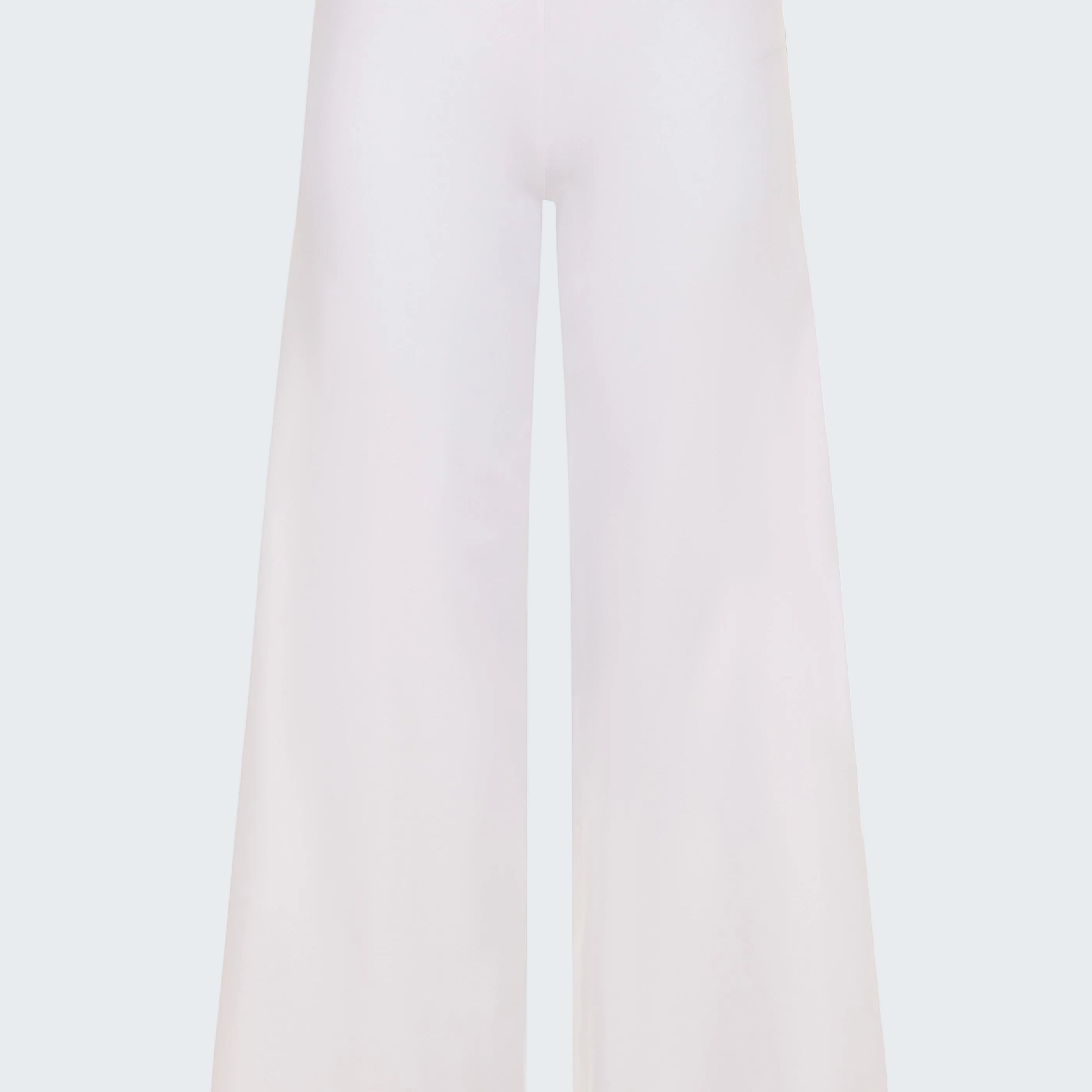 White wide-leg pants with a small embroidered design on a white background