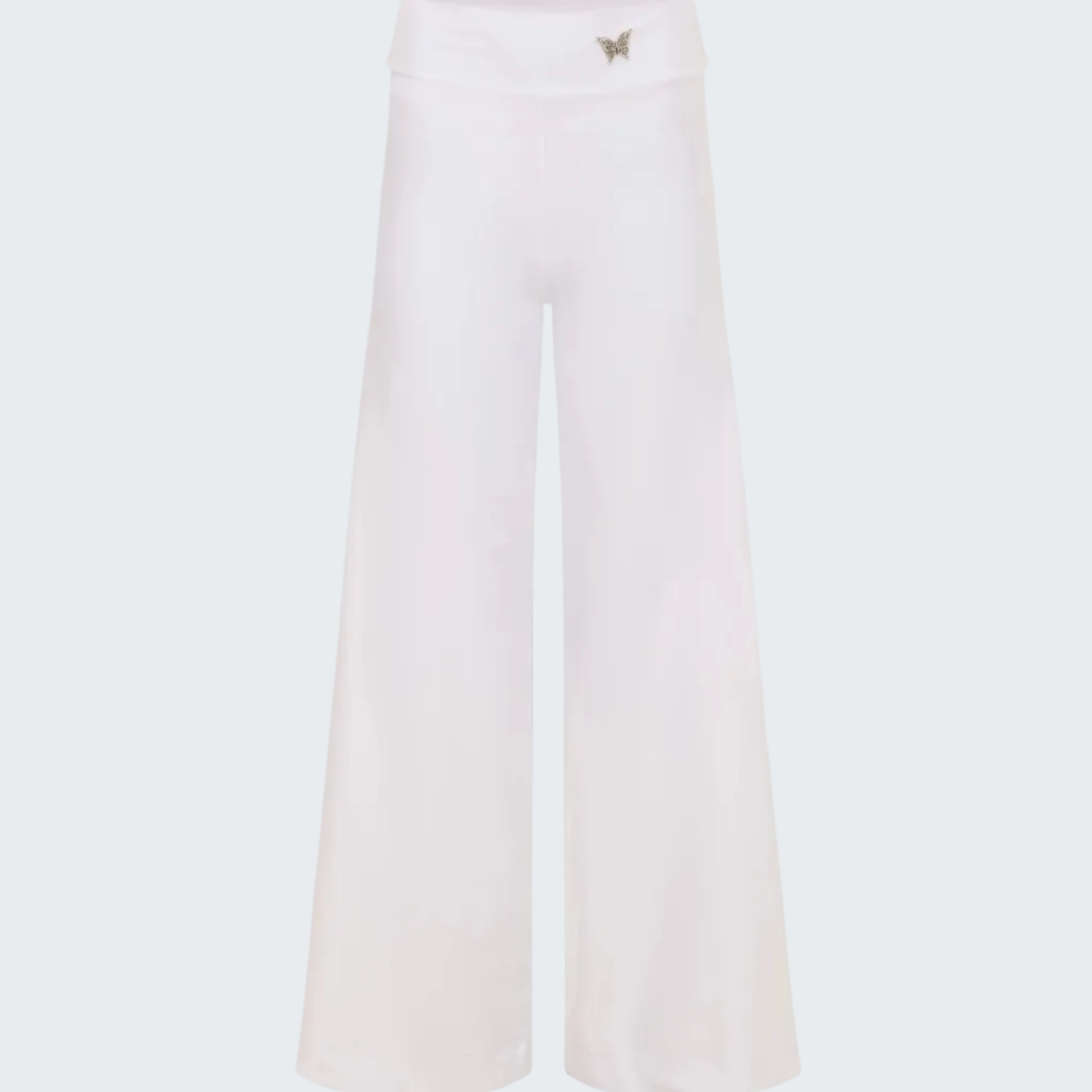 White wide-leg pants with a small embroidered design on a white background
