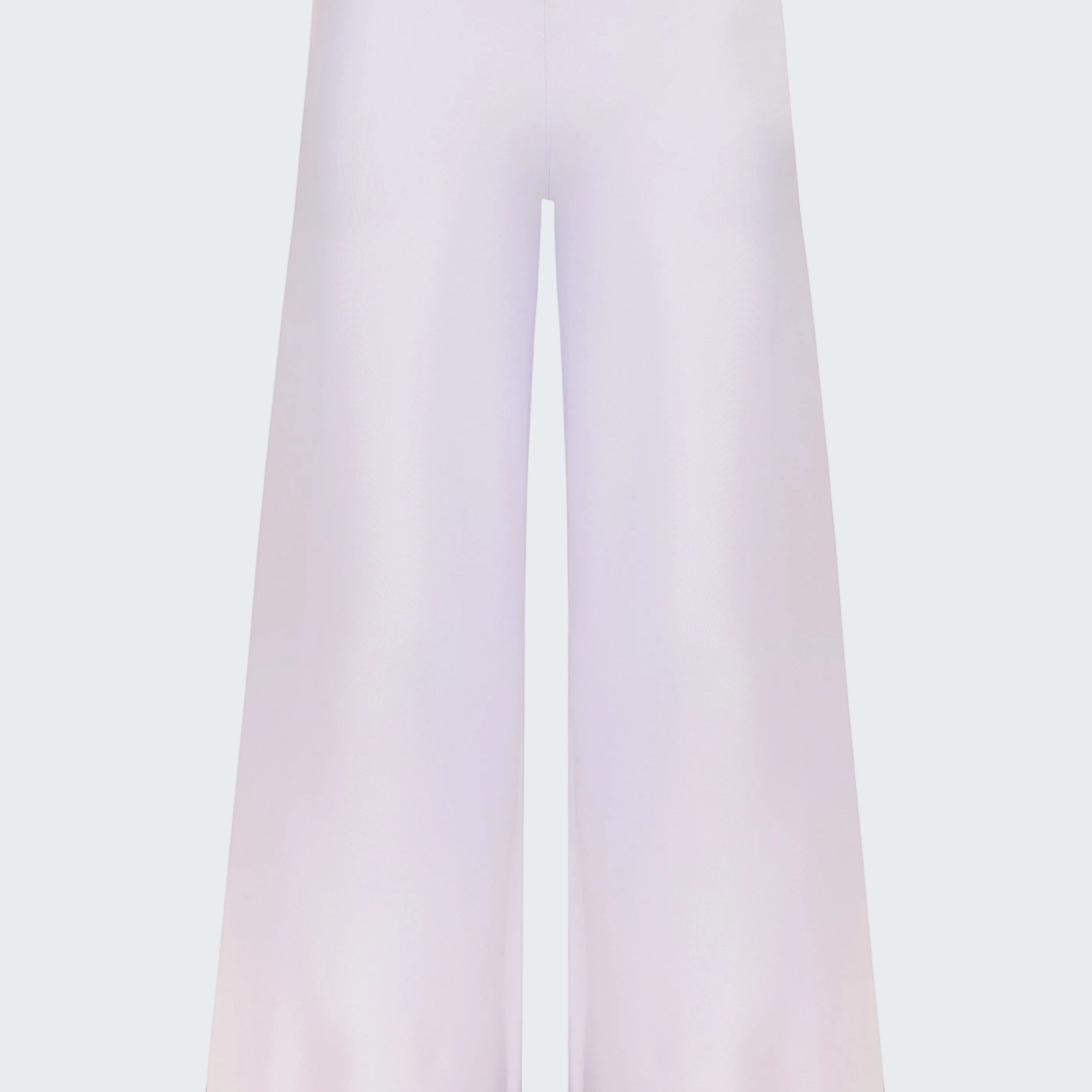 White pants with purple and black striped cuffs on a white background