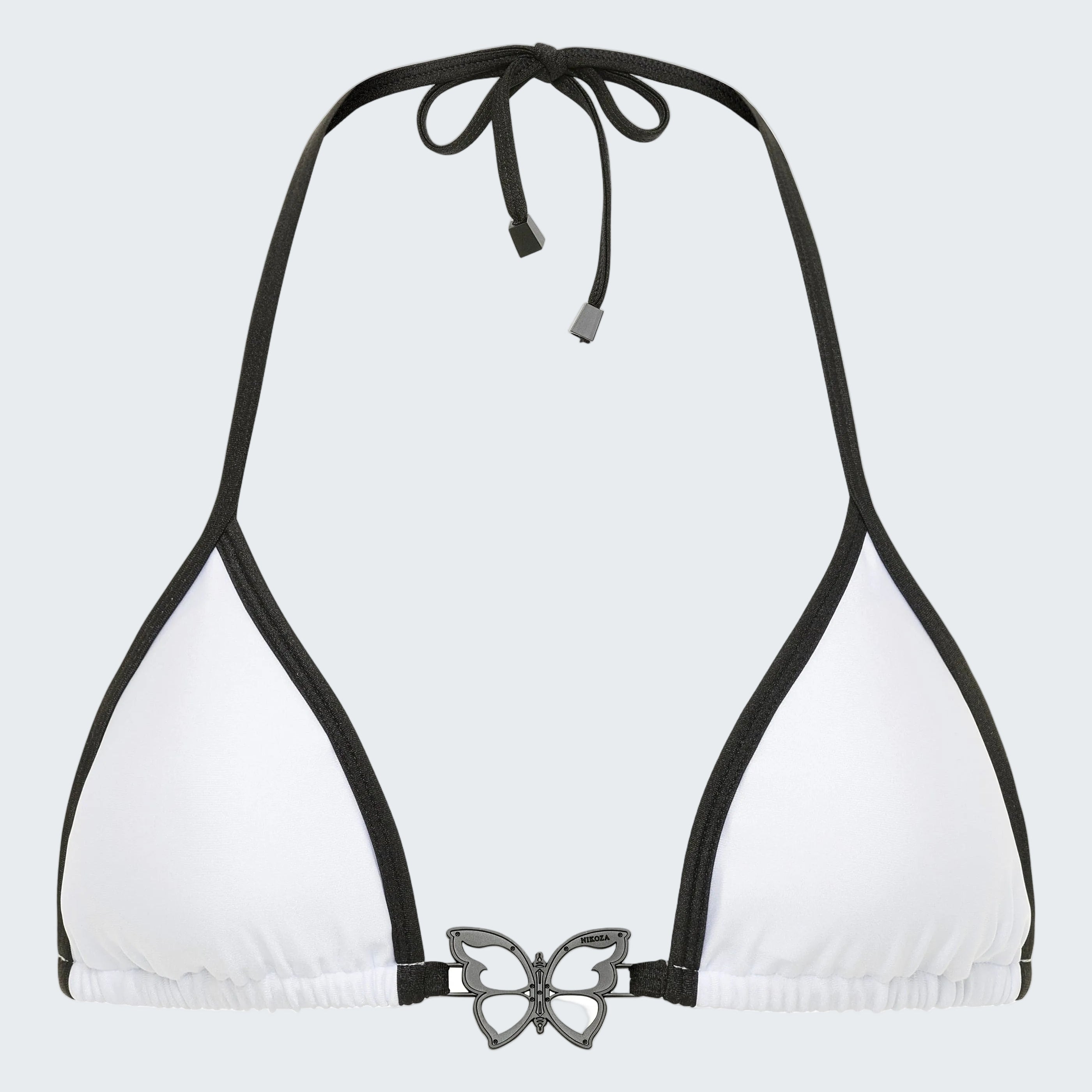 White bikini top with black straps and a decorative bow on a white background