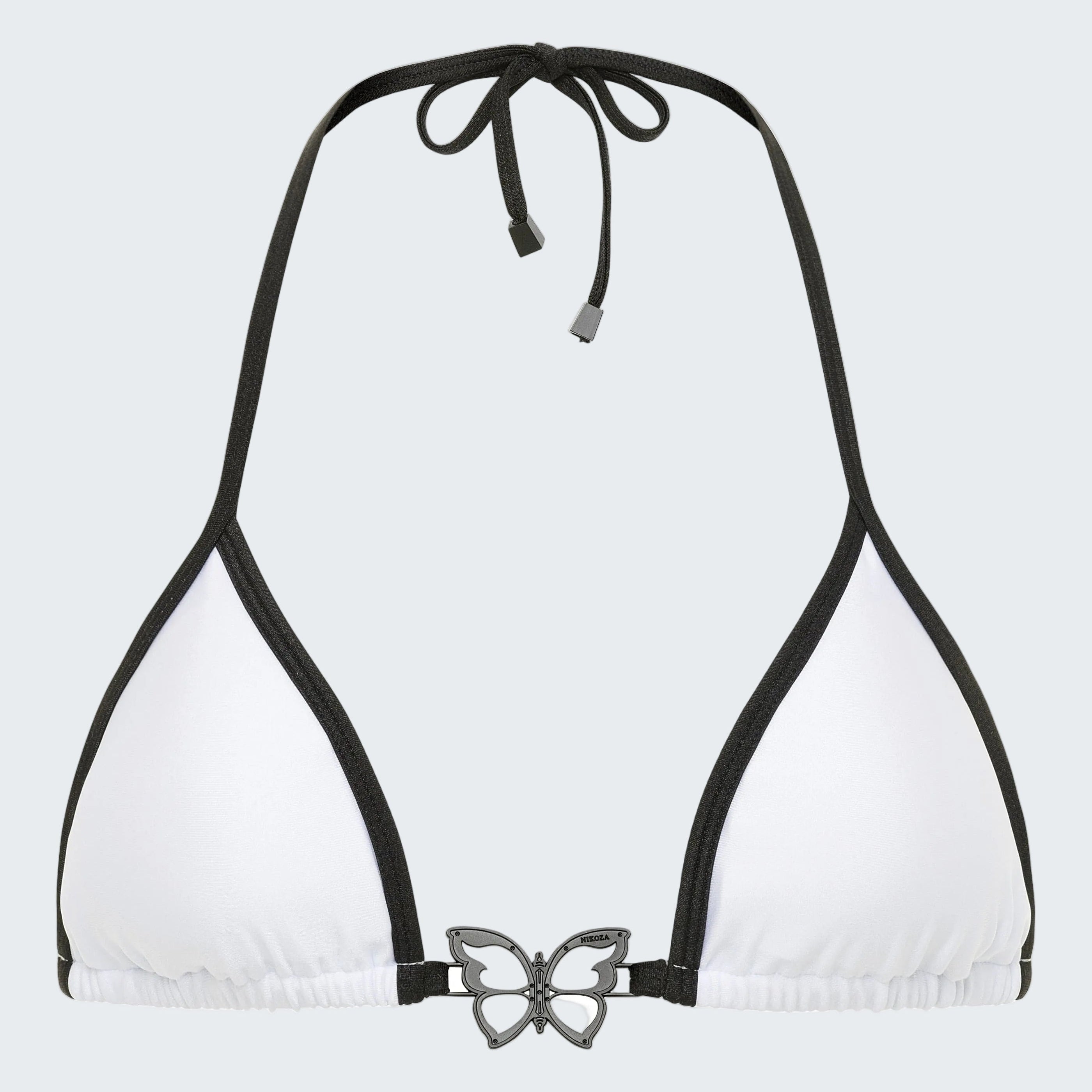 White bikini top with black straps and a decorative bow on a white background