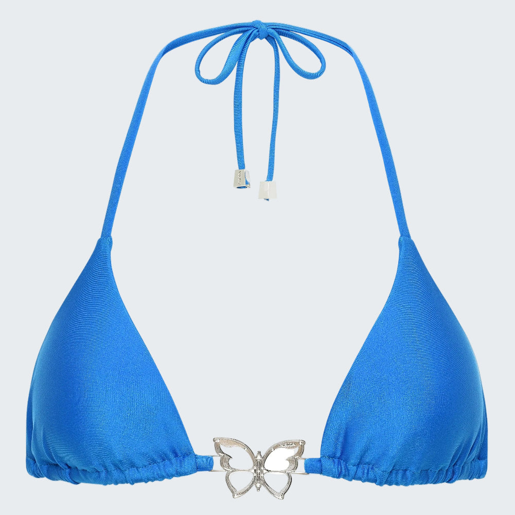 Blue bikini top with butterfly detail on a white background