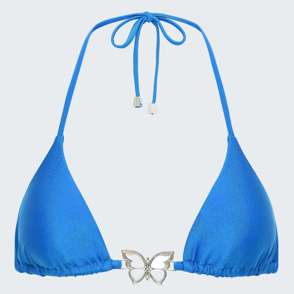 Blue bikini top with butterfly detail on a white background