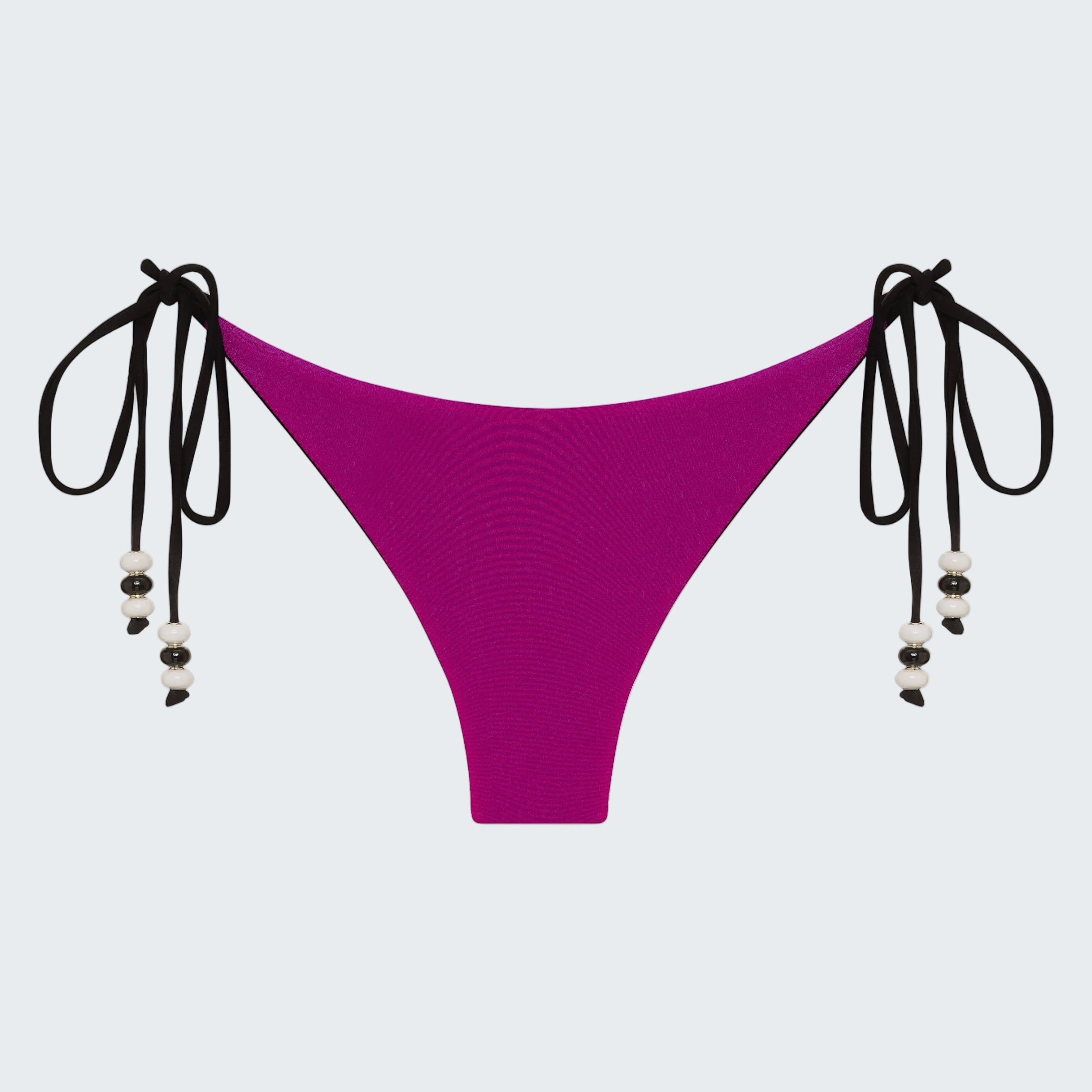 Purple bikini bottom with black strings on a white background