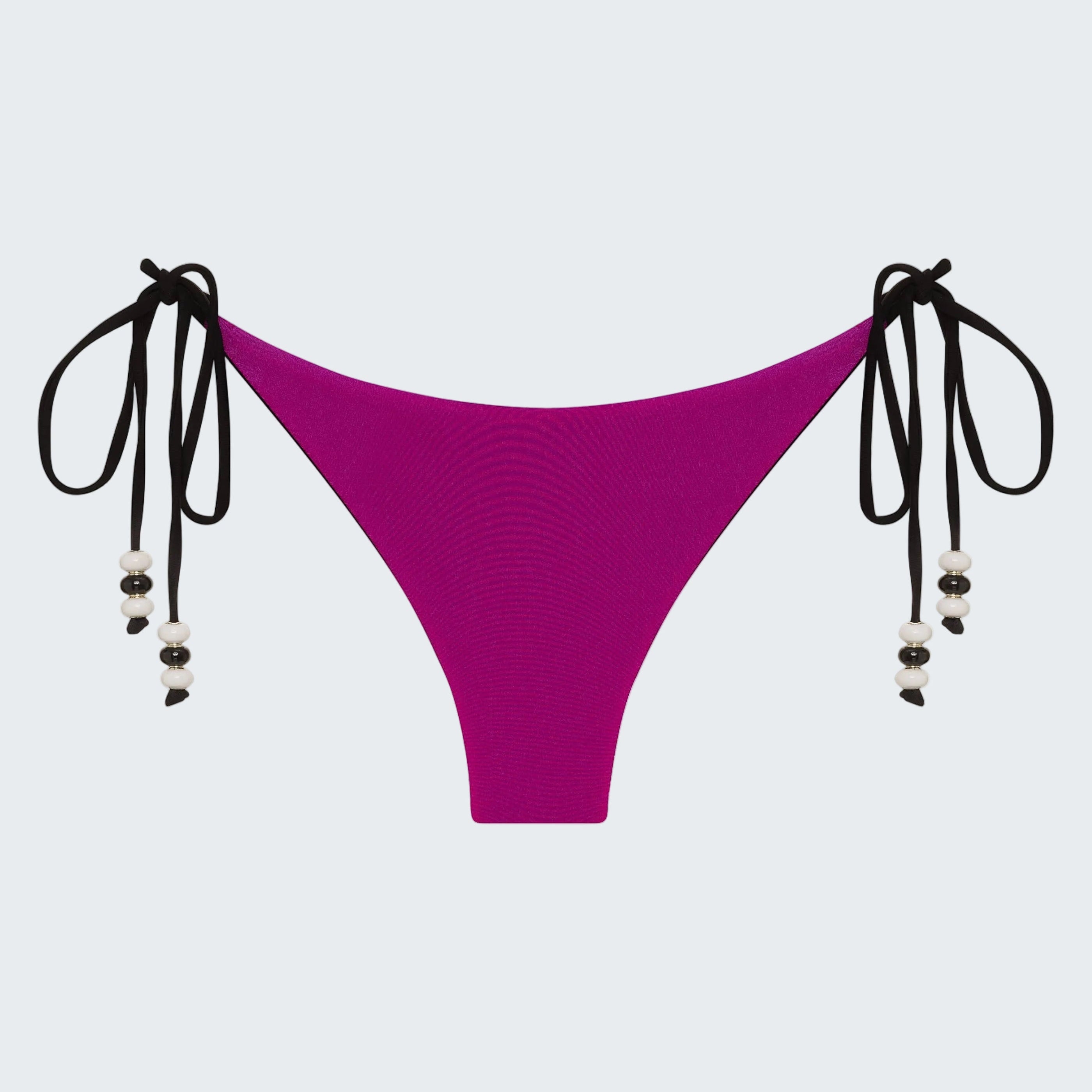 Purple bikini bottom with black strings on a white background