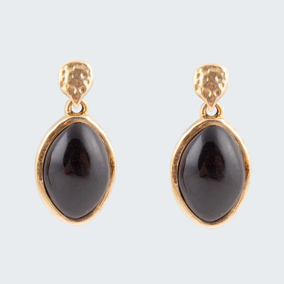 Pair of gold earrings with black stones on a white background