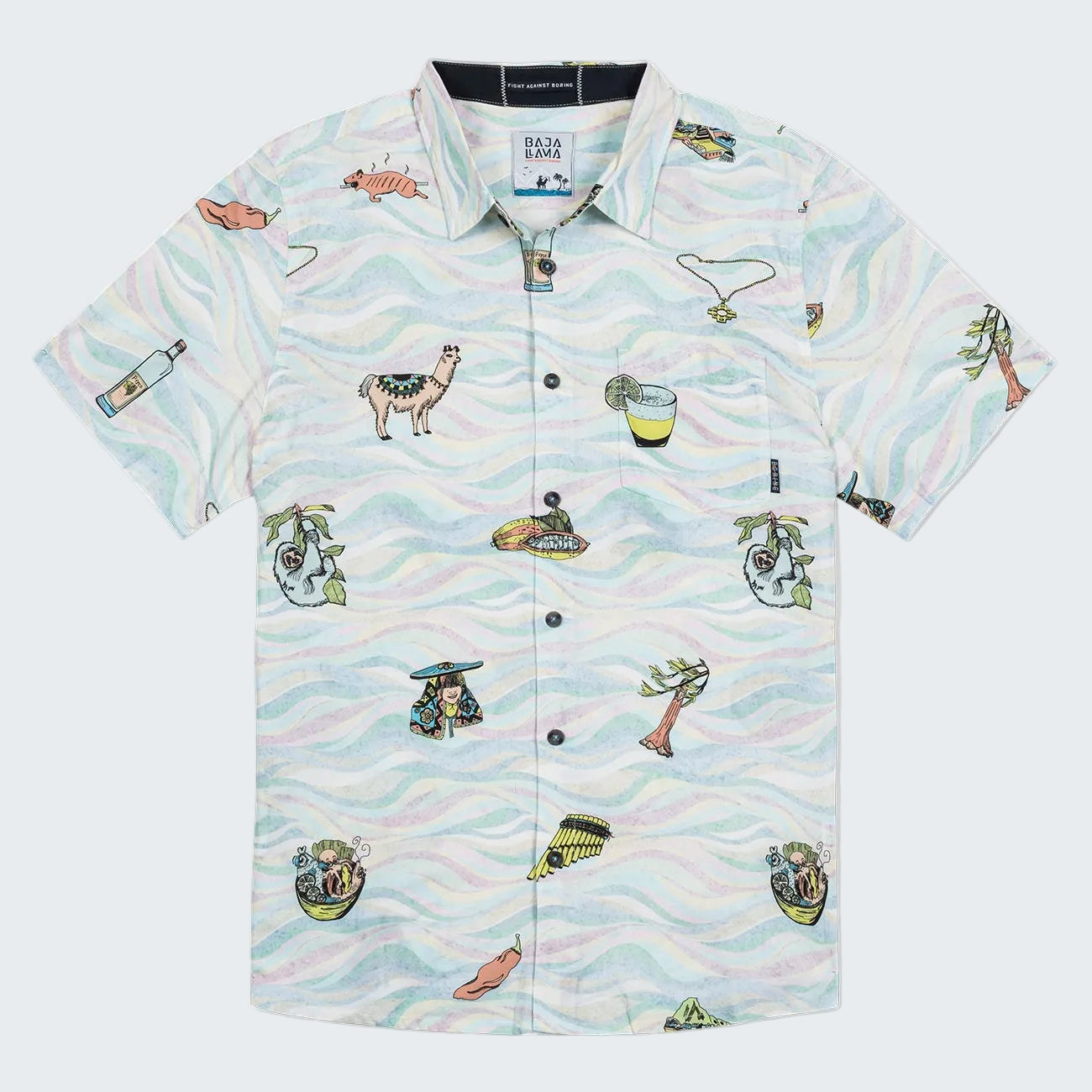 A short-sleeve button-up camp shirt by Branded Play featuring a light blue, white, and pink wavy pattern with tropical illustrations including palm trees, a llama, a margarita glass, and fish.