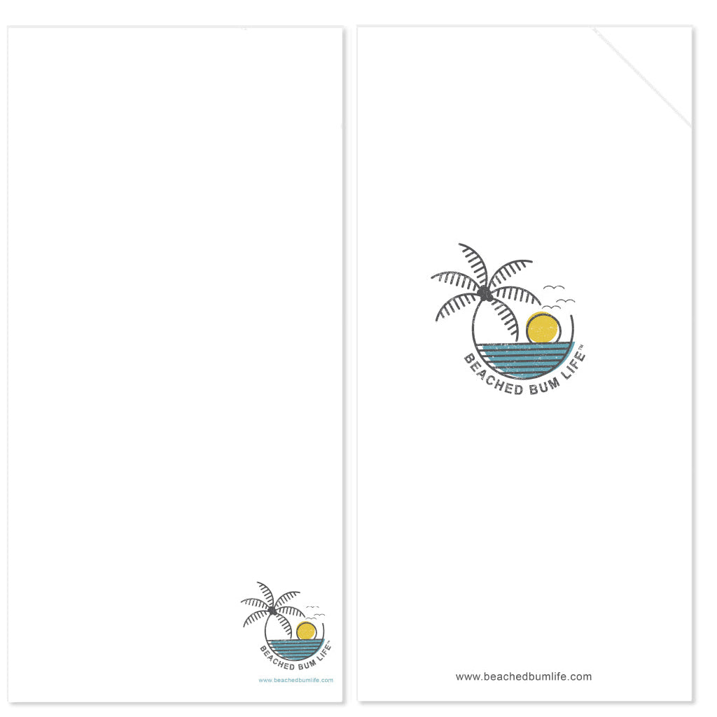 Beached Bum Life logo with palm tree and sun on a white background