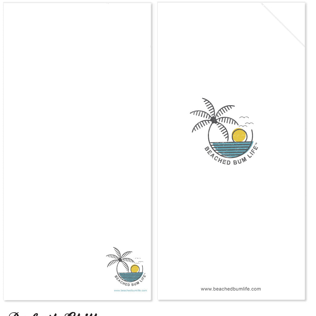 Beached Bum Life logo with palm tree and sun on a white background