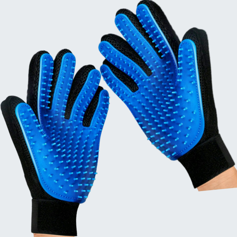 Blue grooming gloves with black accents on a white background