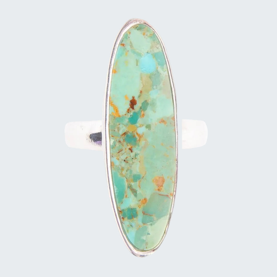 Turquoise stone ring with silver band on a white background