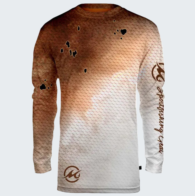 Long-sleeve shirt with a gradient design and brand logo on a white background
