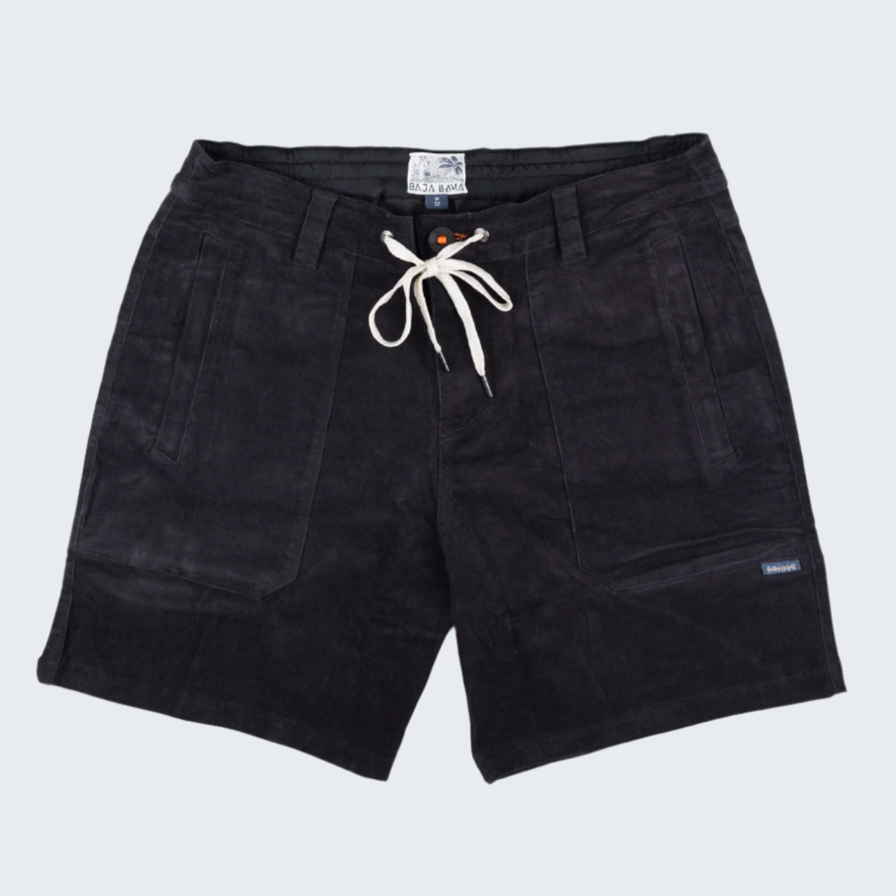 Black shorts with a drawstring on a white background