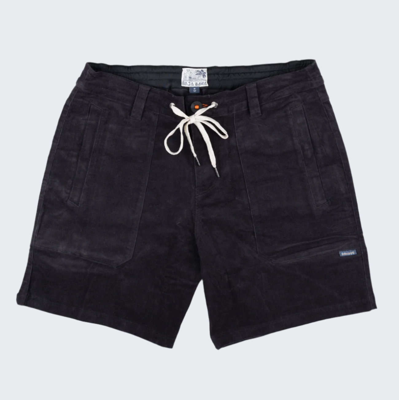 Black shorts with a drawstring on a white background