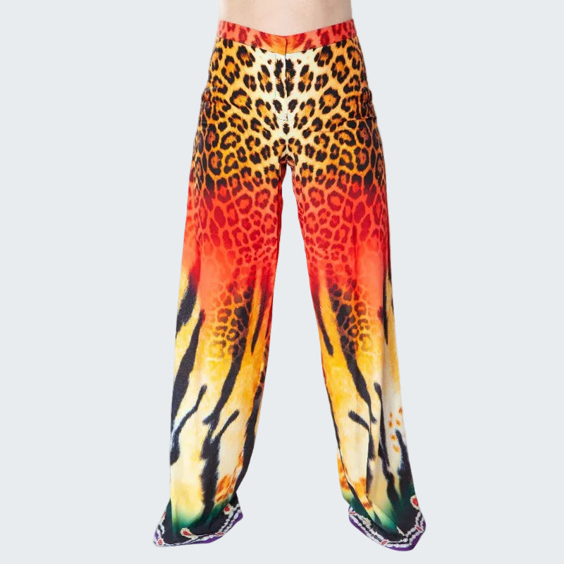 Colorful leopard print pants on a white background